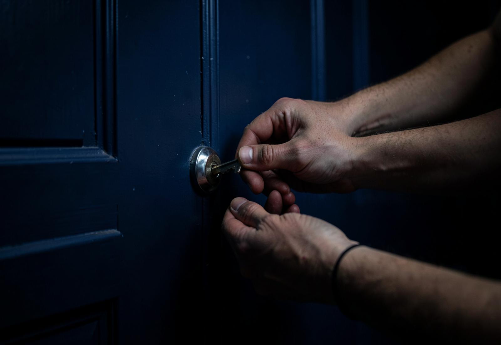 Serrurier installant un cylindre de sécurité sur une porte